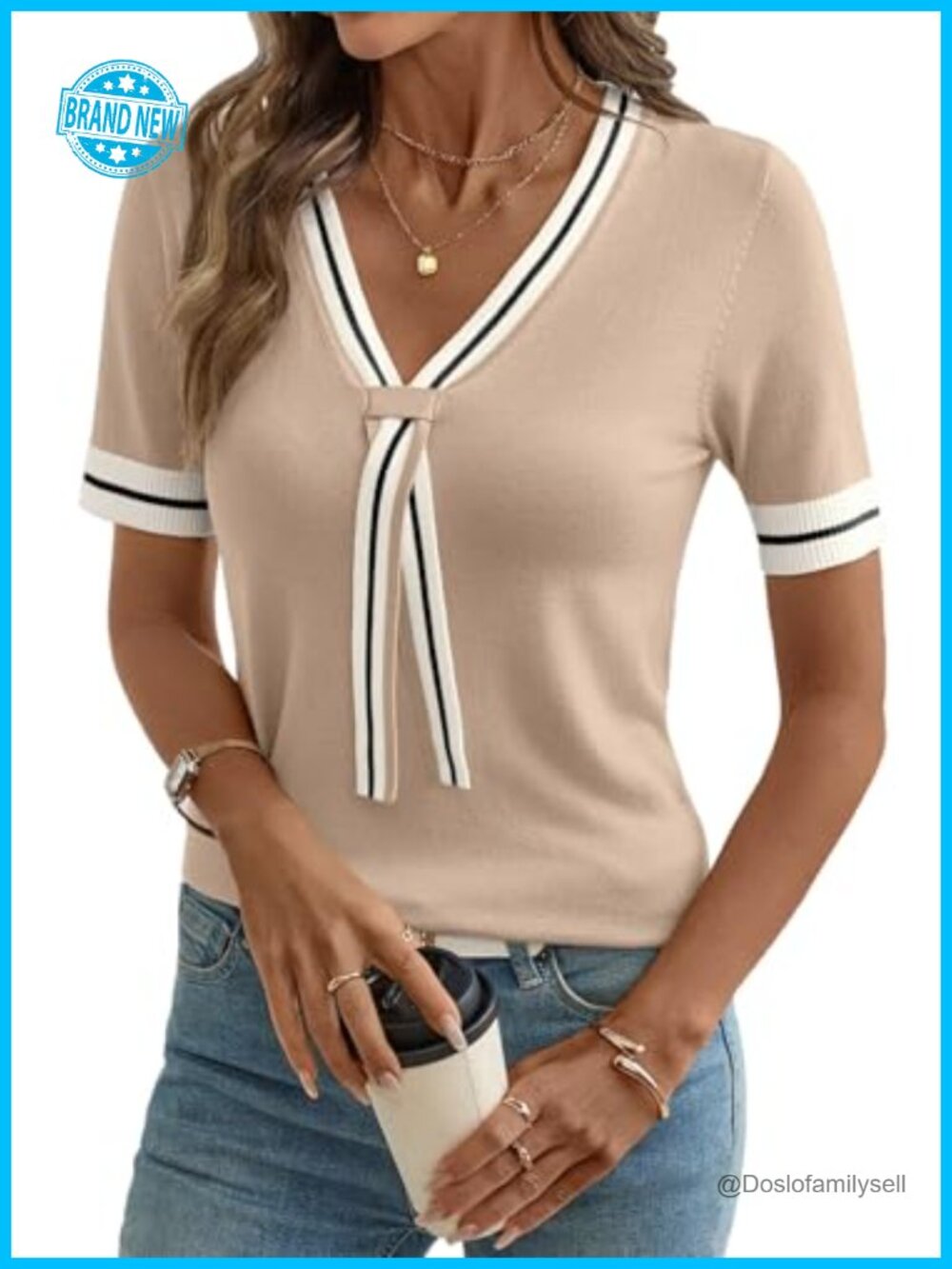 Dokotoo Lightweight Knit Top Short Sleeve V-Neck Tunic Casual